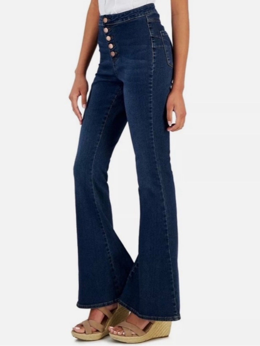 Dollhouse Dark Blue Retro High-Rise Button-Front Flare Bell Bottom Jeans